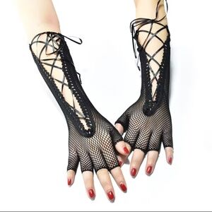 Long Black Lace up Fishnet Fingerless Goth Punk Gloves
